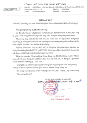 THÔNG BÁO TẠM DỪNG SẢN XUẤT MODEL BÌNH CHỮA CHÁY BỘT KHÔ ABC DI ĐỘNG